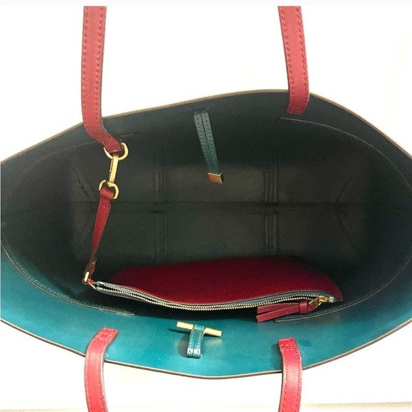 Tory Burch T Block Tote,”Imperial Garnet, with Leather Removable Pouch with logo - Picture 2 of 16